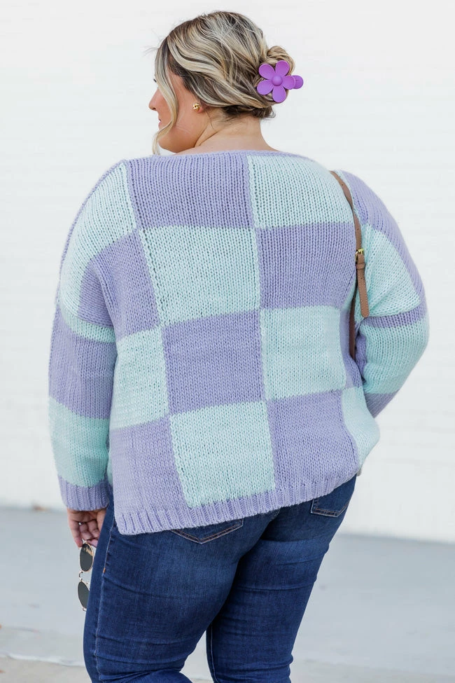 Discount โค๏ธ Pink Lily Your Move Mint And Purple Checkered Boat Neck Sweater ๐ - Image 4