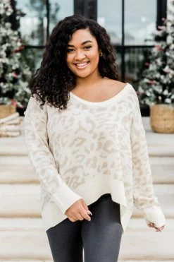 Cheap 🥰 Pink Lily In It For Love Beige And Ivory Leopard Print Boat Neck Sweater ⭐