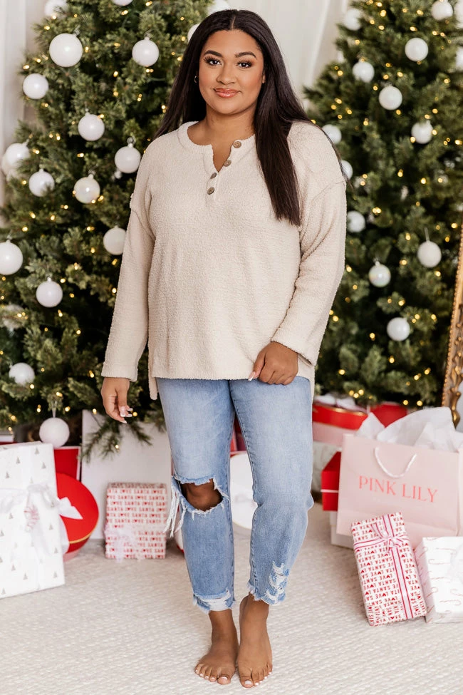 Outlet π Pink Lily The Way We Roll Beige Fuzzy Henley Sweater π - Image 6