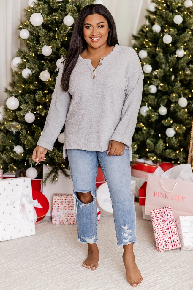 Cheapest βοΈ Pink Lily The Way We Roll Light Grey Fuzzy Henley Sweater π - Image 6