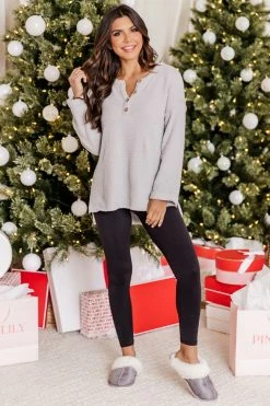 Cheapest ✔️ Pink Lily The Way We Roll Light Grey Fuzzy Henley Sweater 🎁