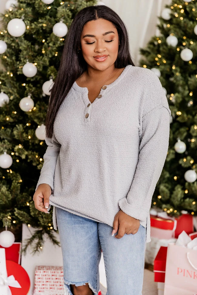 Cheapest βοΈ Pink Lily The Way We Roll Light Grey Fuzzy Henley Sweater π - Image 7