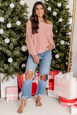 Budget 🛒 Pink Lily These Hearts Adore Pink Fuzzy Boatneck Sweater ❤️