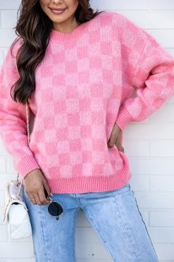Budget ๐ฅ Pink Lily Time To Shine Pink Checkered Sweater ๐ฅ