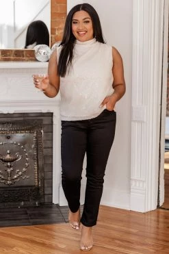 Discount ๐ Pink Lily Take It As A Compliment Cream Sequin Mock Neck Tank ๐