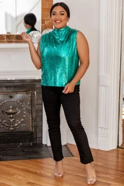 Cheap 🤩 Pink Lily Take It As A Compliment Teal Sequin Mock Neck Tank 👍