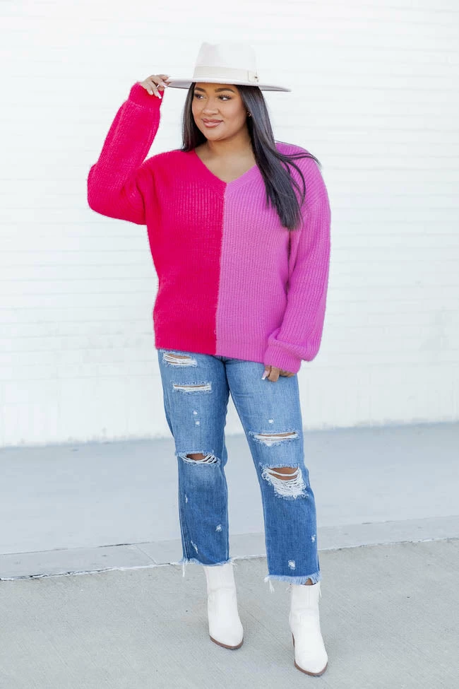 New π Pink Lily Split Decision Pink And Red Colorblock Fuzzy Sweater π - Image 5