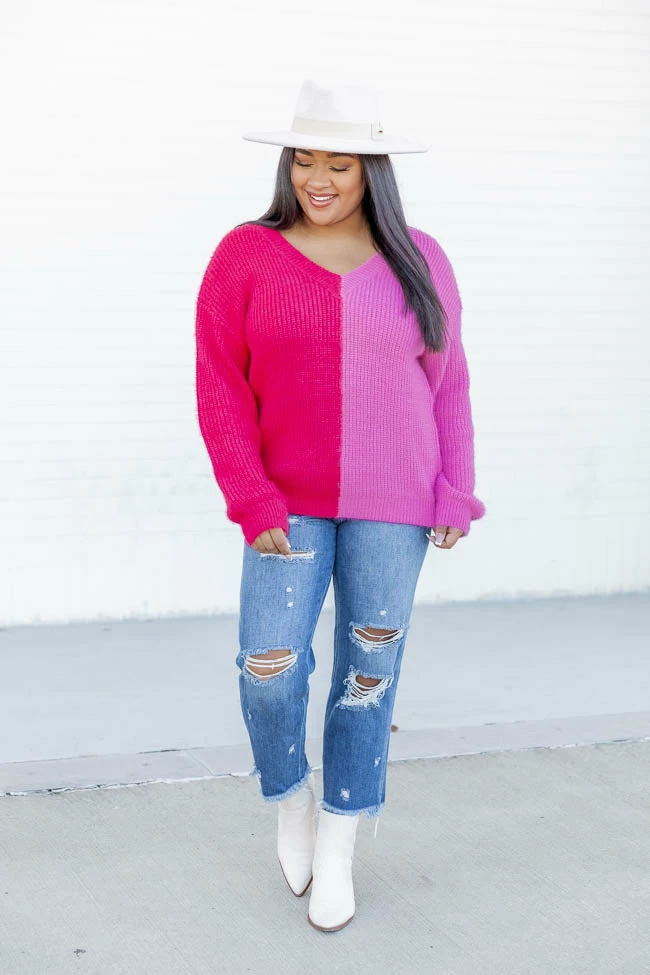 New π Pink Lily Split Decision Pink And Red Colorblock Fuzzy Sweater π - Image 6