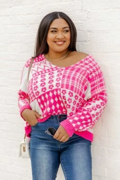 Budget ๐ Pink Lily Smell The Flowers Pink Floral Print Oversized Sweater ๐คฉ