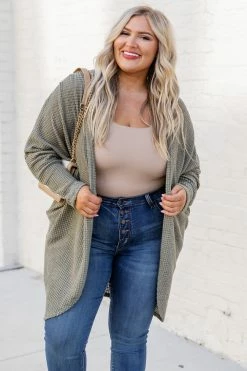 Wholesale 🛒 Pink Lily Exclaim My Love Olive Waffle Knit Cardigan 🥰