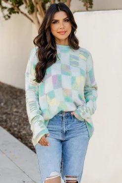 Discount ⭐ Pink Lily Mull It Over Cream And Multicolor Checkered Sweater 🌟