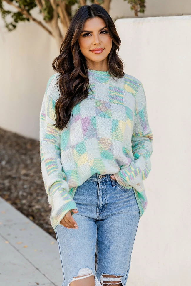 Discount β Pink Lily Mull It Over Cream And Multicolor Checkered Sweater π