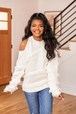 Flash Sale 😍 Pink Lily Carefree Smile Ivory One Shoulder Cut Out Fringe Sweater 🎉