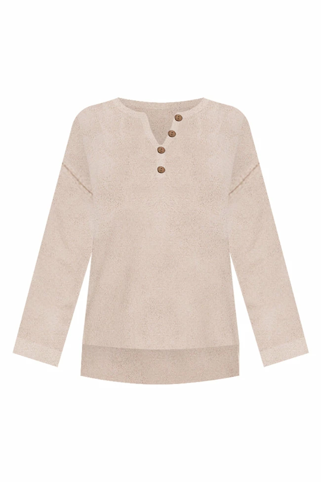 Outlet π Pink Lily The Way We Roll Beige Fuzzy Henley Sweater π - Image 10