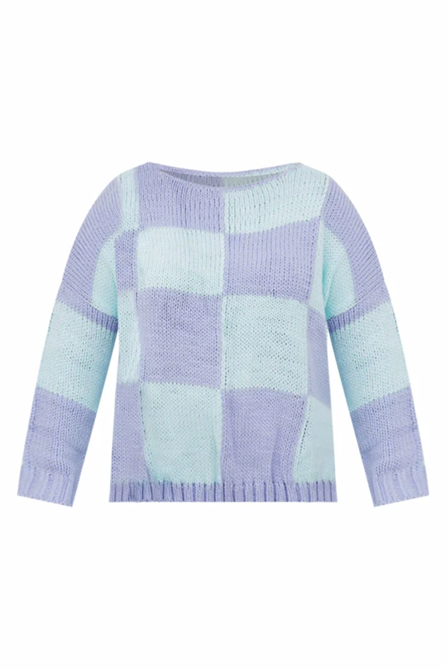 Discount โค๏ธ Pink Lily Your Move Mint And Purple Checkered Boat Neck Sweater ๐ - Image 13